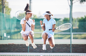 Image showing Sports, jump or tennis team celebrate game win, competition goals or partnership success achievement. Women, excited winner or happy teamwork celebration for exercise, workout or training challenge