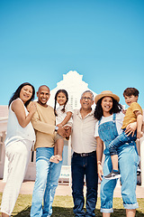 Image showing Portrait, family and parents with grandparents or grandkids bonding while standing outside in a garden of a home. Kids, love or summer and grandchildren in the backyard with senior relatives