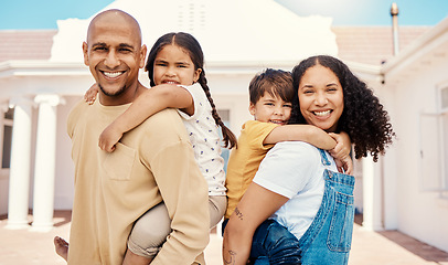 Image showing Portrait, happy family and smile outdoor at new house, real estate loan and building mortgage. Parents, kids and piggyback outside for property investment, moving home and excited for future security