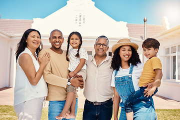 Image showing Portrait, family or kids with parents, grandparents and grandchildren standing outside in the garden of a home. Children, love or summer and grandkids in the backyard with senior relatives