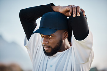 Image showing Baseball field, thinking or black man stretching in training ready for match in outdoor workout. Arm exercise, fitness mindset or focused young sports player in warm up to start playing softball