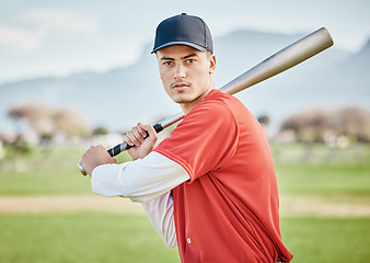 Image showing Baseball batter, portrait or sports man on field at competition, training match on a stadium pitch. Softball exercise, healthy fitness workout or focused player playing a fun game outdoors on grass