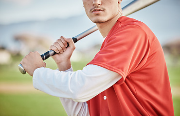 Image showing Baseball player, bat or man in a game competition, training match on stadium pitch closeup. Fun softball exercise, fitness workout or zoom of serious athlete playing sports with focused mindset