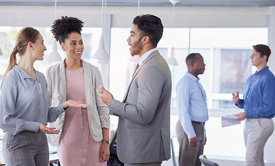 Image showing Business people, talking work and company collaboration in a conference room. Planning, teamwork conversation and speaking of corporate staff in office communication together with happiness