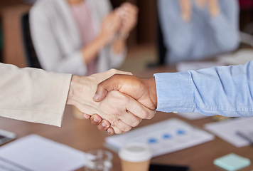 Image showing Business partner, handshake and people in meeting for deal, b2b collaboration or congratulations. Man and a woman shaking hands for welcome, thank you and agreement or achievement in corporate office