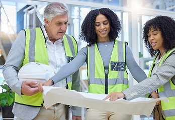 Image showing Architecture, blueprint and construction team planning building project, strategy and collaboration. Group, diversity and floor plan for engineering, design and industrial infrastructure development