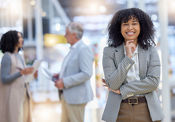 Image showing Business woman, portrait and smile of motivation, empowerment and confident project manager. Happy young female employee standing in company for happiness, pride or professional career in busy office