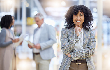 Image showing Young business woman, portrait and smile of empowerment, motivation and confident project manager. Happy female employee standing in company for professional career, pride or happiness in busy office