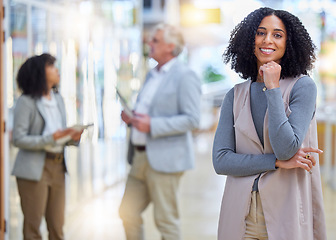 Image showing Business, woman and portrait with smile for empowerment, motivation and professional project manager. Happy young female employee standing in company for happiness, pride or confidence in busy office