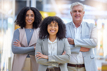 Image showing Portrait, diversity and happy business people with arms crossed for teamwork, trust or startup partnership. Group, employees and smile of motivation, collaboration or pride about us in global company