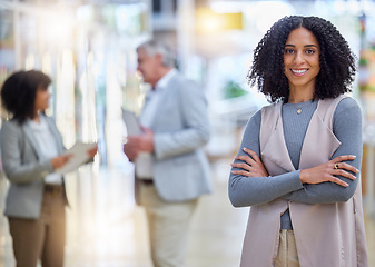 Image showing Business, woman and portrait with arms crossed, smile and motivation of professional management. Happy young female employee standing in company for happiness, pride and confidence in busy startup