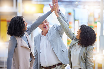 Image showing High five, business people and support of hands in office of teamwork, motivation and collaboration. Diversity group, happy employees and celebration of success, winning deal or celebrate partnership