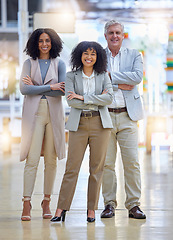 Image showing Portrait, diversity and smile of teamwork with arms crossed in startup company, agency and business trust. Happy group, employees and motivation in office collaboration, management and pride about us