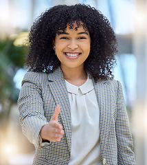 Image showing Handshake, offer and hello of business woman, portrait and networking of HR hiring deal. Happy female manager stretching for shaking hands, recruitment and welcome to partnership, trust and thank you