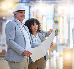 Image showing Man, woman and smile for construction, blueprint development and planning building design. Happy team, diversity and engineering collaboration for project management, infrastructure and architecture