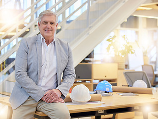 Image showing Portrait, man and construction leader in office for building development, project management and designer in Canada. Happy mature manager, engineering and contractor with smile in architecture agency