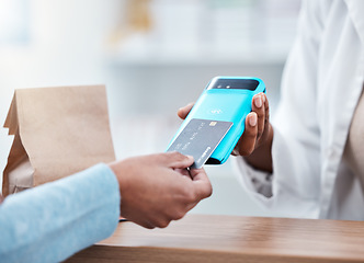 Image showing Credit card, pos payment or hands of black people for pharmacy package, medicine or product. Retail sales machine, shopping customer or pharmacist for medical healthcare with finance fintech purchase