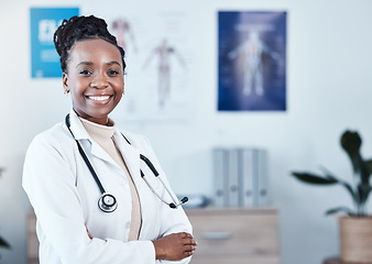 Image showing Happy, portrait and black woman doctor proud in hospital, excited or cheerful for healthcare innovation. Face, confident and female health expert smile for medical, mission or ready to help at clinic