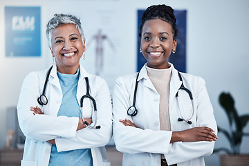 Image showing Portrait, happy and proud doctor team in hospital with vision, goal or mindset for innovation. Face, diversity and women health experts leading with medical, partnership and commitment at a clinic