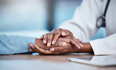 Image showing Doctor and patient closeup, holding hands and consultation support, healthcare services and sad news, test results or help. Clinic, medical professional or black people consulting, helping and advice