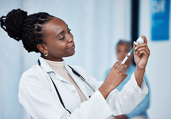 Image showing Monkeypox vaccine, hospital needle and doctor nurse with medicine bottle, medical vial or booster injection. Disease healthcare safety, pharmacy pharmacist and black woman with patient virus cure