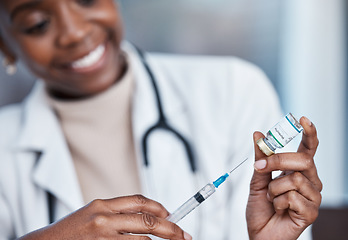 Image showing Monkeypox healthcare, vaccine needle and doctor nurse with medicine bottle, medical vial or booster injection. Disease safety, pharmacy pharmacist and happy black woman with hospital virus treatment