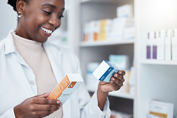 Image showing Black woman, pharmacist and choice with box, medicine and decision with prescription for healthcare. Pharmacy, drugs and pharmaceutical pills for health, wellness or medical store with stock on shelf