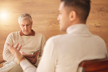 Image showing Psychologist, counseling or man consulting in therapy, mental healthcare or support in consultation. Back view of patient talking to writing or listening senior therapist for medical help or advice