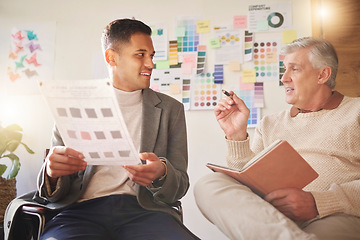 Image showing Meeting, documents or collaboration with a business man and mentor planning in the office together. Teamwork, notebook or strategy with male employee and manager working on a company project