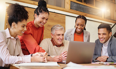 Image showing Planning, laptop and business people in startup meeting brainstorming, teamwork and website launch reviews. Excited diversity employees or team manager on computer update for digital marketing agency