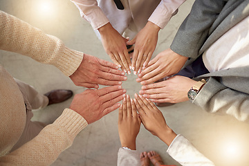 Image showing Teamwork, top view or hands of business people in circle for motivation, corporate community or hope together. Collaboration, diversity or support of employees meeting for our vision, growth or goals