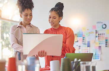 Image showing Teamwork, sketch or women planning fashion, clothing, fabrics or boutique clothes in office together. Young creative designers talking, speaking or working on group ideas or strategy in collaboration