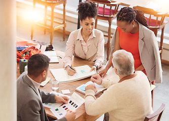 Image showing People, sketch or fashion meeting for planning clothing, fabrics or boutique clothes with teamwork together. Creative designers talking, speaking or working on group project vision or strategy ideas