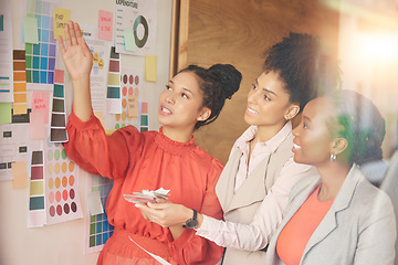 Image showing Group, board or fashion meeting for planning new colors on clothes or boutique clothes with teamwork together. Project, women or creative designers speaking or working on group ideas or strategy