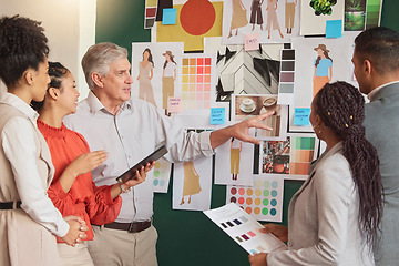 Image showing People, ideas or fashion meeting planning clothing, fabrics or boutique clothes with teamwork together. Senior creative designers talking, speaking or working on group vision or strategy in office