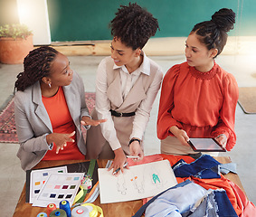 Image showing Tablet, fashion or women in meeting planning clothing, fabrics or boutique clothes with teamwork together. Creative designers talking or working on group ideas, sketch or digital strategy in office