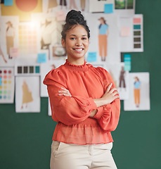 Image showing Portrait smile, woman and fashion designer with arms crossed in design studio. Creative, happy professional or confident female entrepreneur, tailor or seamstress from Brazil in workshop for clothing