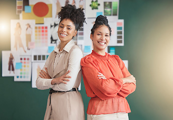 Image showing Happy portrait, fashion or designer women in workshop studio for motivation, leadership or fabric industry. Small business, startup or proud creative employees smiling in luxury boutique together