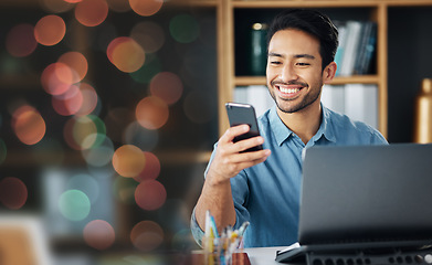 Image showing Phone, office bokeh and business man in online communication, networking and multimedia technology company. Professional asian person typing or reading on cellphone, smartphone or mobile app overlay