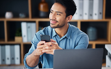 Image showing Business, thinking and Asian man in office, smartphone and decision for opportunity, happiness or success. Japan, male employee or entrepreneur with cellphone, laptop or connection with search online