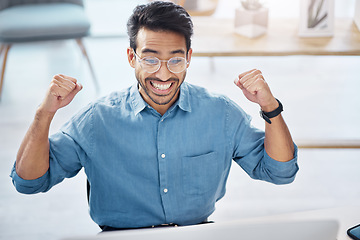 Image showing Success, yes and happy businessman in office, celebrating and excited for email, review or loan approval. Hands, celebration and corporate male online winner with emoji, wow or winning gesture