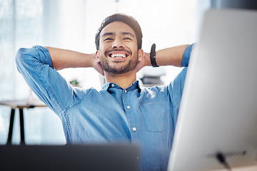 Image showing Business man, smile and stretching to relax from easy project, complete achievement or happiness in office. Happy worker, hands behind head and finish tasks, target and break for mindset hope at desk