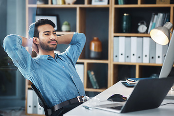 Image showing Happy business man, thinking and stretching to relax from easy project, positive mindset and complete ideas in office. Break, worker and hands behind head to finish tasks, rest and daydream at desk