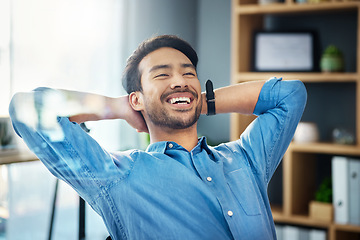 Image showing Business man, smile and stretching to relax from easy project, motivation and happiness in office. Cheerful worker, hands behind head and finish tasks, break and happy mindset goals for mental health