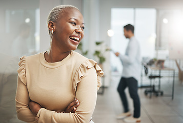 Image showing Happy black woman in business office, workplace or company with career mindset for Human Resources. Profile of a proud worker, employee or staff busy in professional workspace for job opportunity
