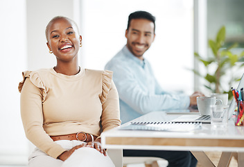 Image showing Portrait, business and black woman laughing in office with coworker and pride for career or job. Boss, professional and happy African female entrepreneur with laughter for funny joke, comedy or humor