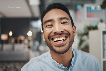 Image showing Portrait, live streaming and asian man in office, happy and excited for online followers on blurred background. Face, pov and businessman influencer at work for content creation, blog or vlog website