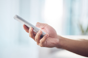 Image showing Closeup, mockup and hand with smartphone, typing and connection with communication, social media and texting. Zoom, hands and cellphone for online reading, search internet and information on website