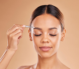 Image showing Beauty, grooming and eyebrows with woman and tweezers in studio for clean, self care and cosmetics. Facial, plucking and shape with female model on brown background for hair removal and skincare