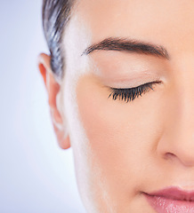 Image showing Closeup, beauty and woman with skincare, organic facial and treatment on studio background. Zoom, female or lady with cosmetics, half face and dermatology with grooming, morning routine or soft skin